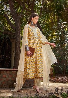 Yellow Embroidered Cotton Salwar Kameez With Dupatta