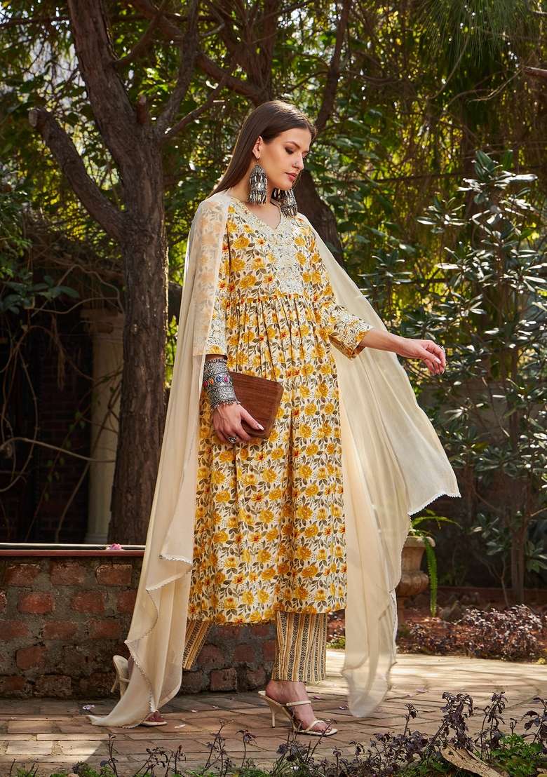 Yellow Embroidered Cotton A Line Kurta Set - Indya