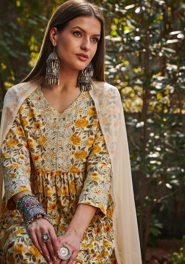 Yellow Embroidered Cotton Salwar Kameez With Dupatta