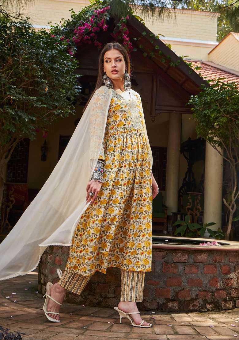 Yellow Embroidered Cotton A Line Kurta Set - Indya