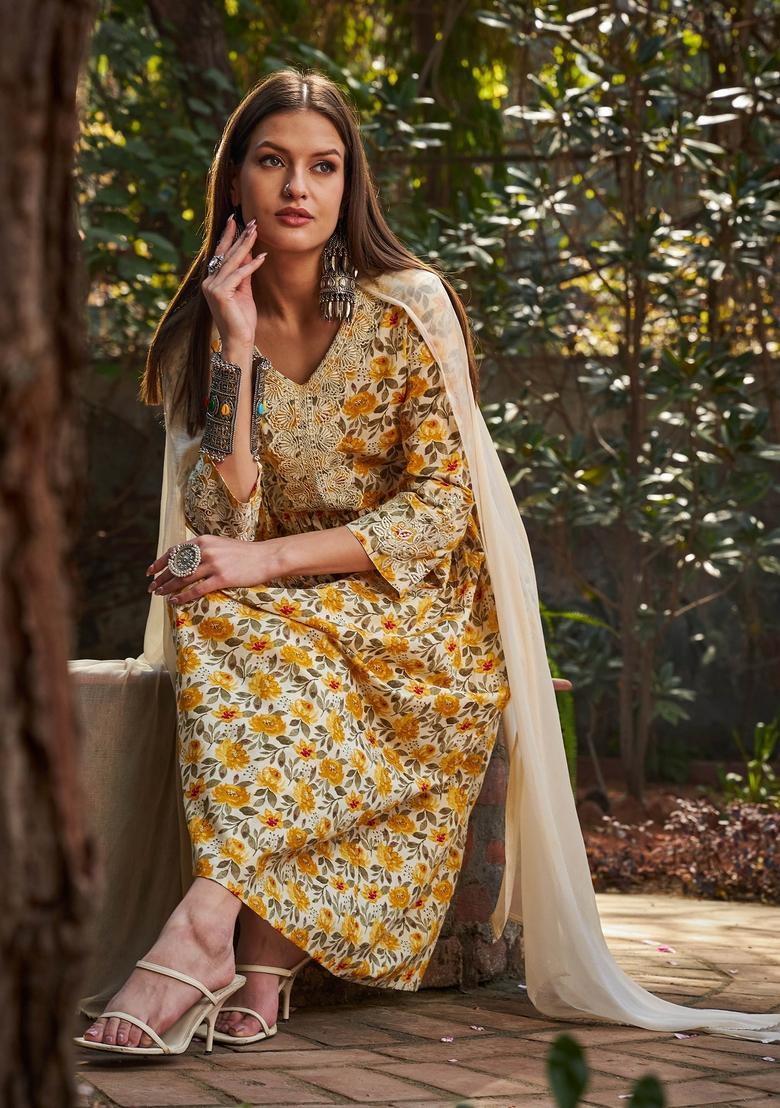 Yellow Embroidered Cotton Salwar Kameez With Dupatta