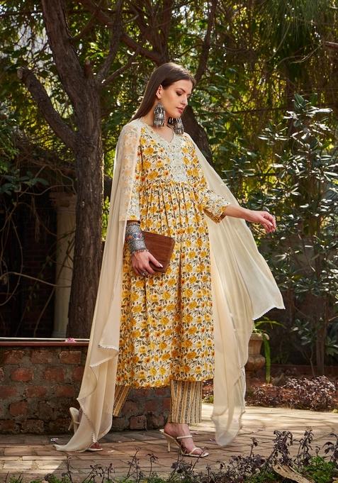 Yellow Embroidered Cotton Salwar Kameez With Dupatta