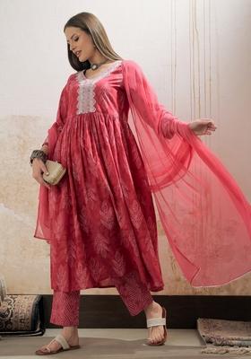 Pink Embroidered Cotton Salwar Kameez With Dupatta