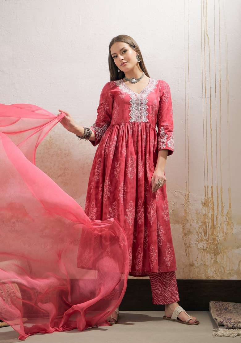 Pink Embroidered Cotton Salwar Kameez With Dupatta - Indya