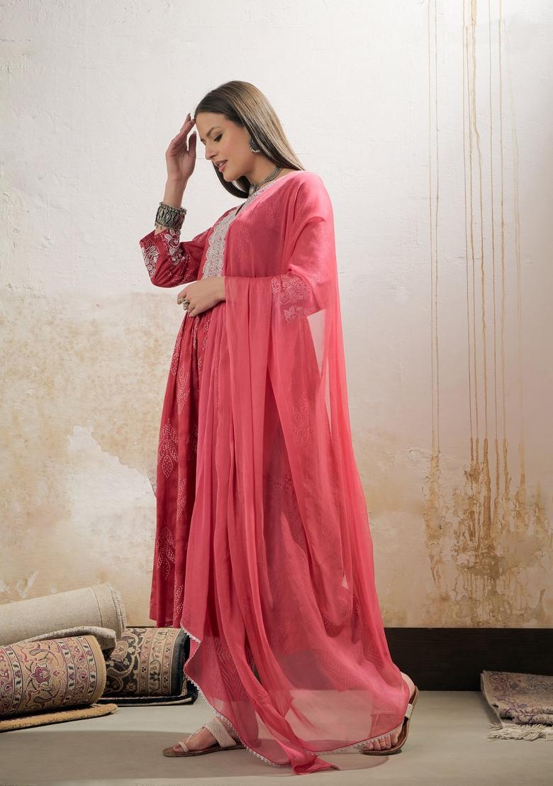 Pink Embroidered Cotton Salwar Kameez With Dupatta