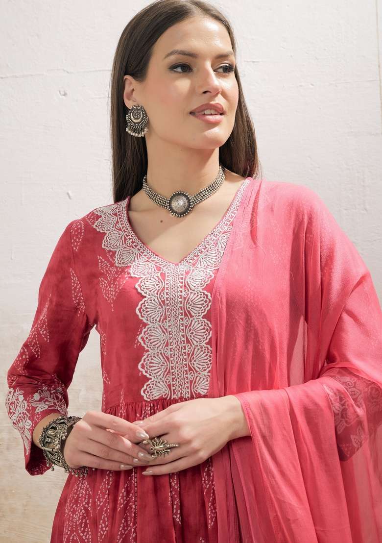 Pink Embroidered Cotton Salwar Kameez With Dupatta - Indya