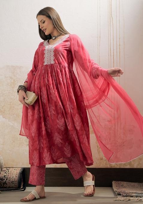 Pink Embroidered Cotton Salwar Kameez With Dupatta — view on Indya