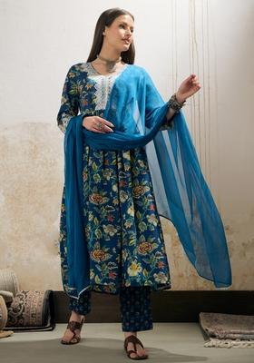 Navy Blue Embroidered Cotton Salwar Kameez With Dupatta