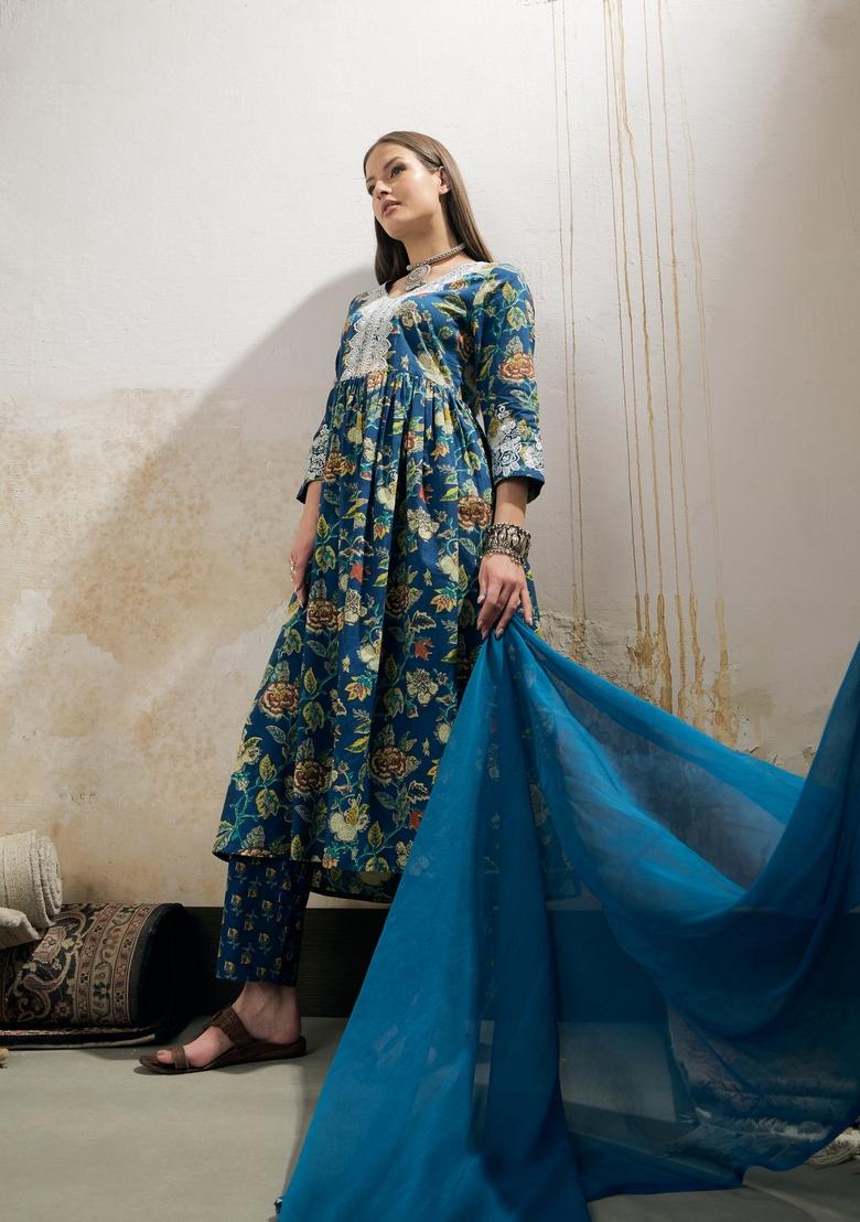 Navy Blue Embroidered Cotton Salwar Kameez With Dupatta