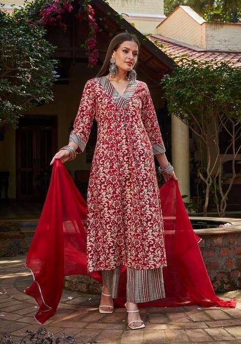 Maroon Embroidered Cotton Salwar Kameez With Dupatta