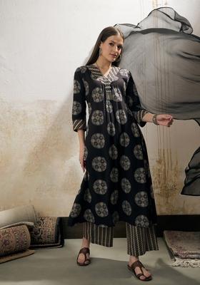 Black Embroidered Cotton Salwar Kameez With Dupatta