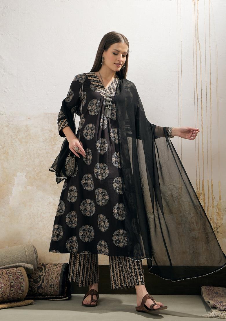 Black Embroidered Cotton Salwar Kameez With Dupatta