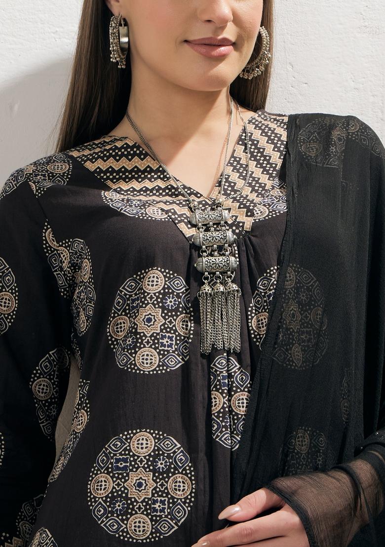 Black Embroidered Cotton Salwar Kameez With Dupatta
