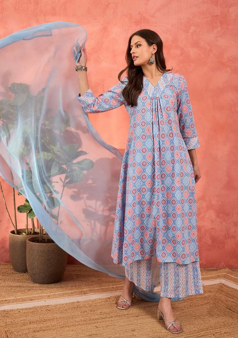 Blue Printed Cotton Straight Kurta Set - Indya