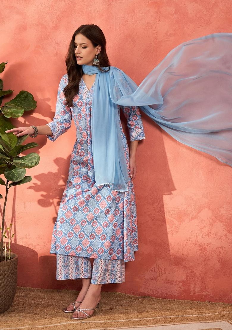 Blue Embroidered Cotton Salwar Kameez With Dupatta