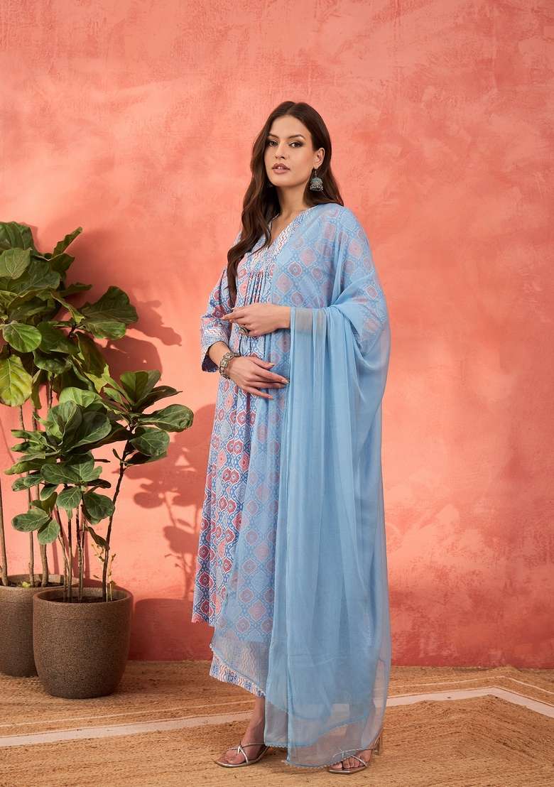 Blue Printed Cotton Straight Kurta Set - Indya