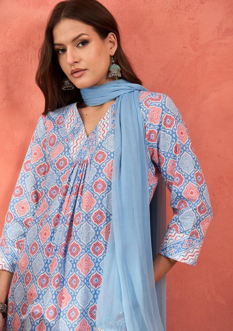 Blue Embroidered Cotton Salwar Kameez With Dupatta