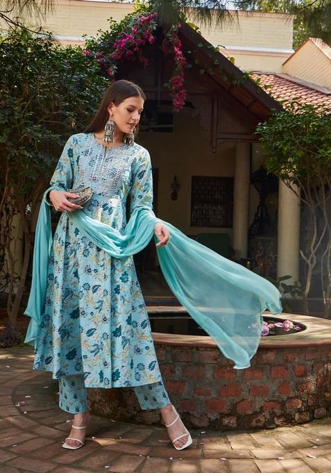 Blue Embroidered Cotton Anarkali Set With Dupatta