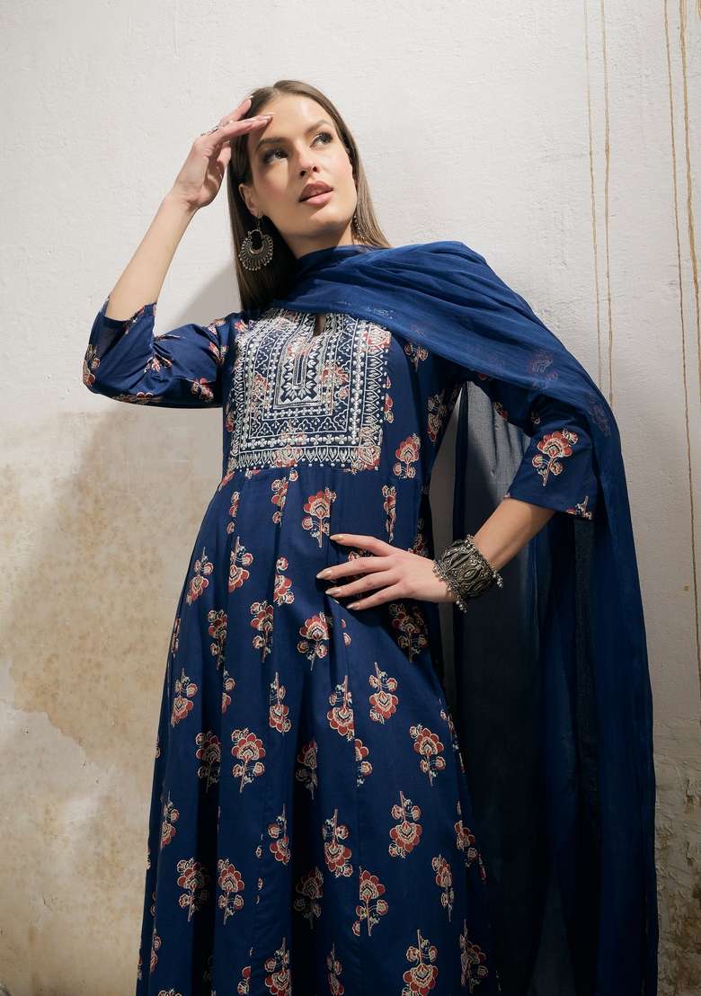 Navy Blue Embroidered Cotton Anarkali Set With Dupatta - Indya