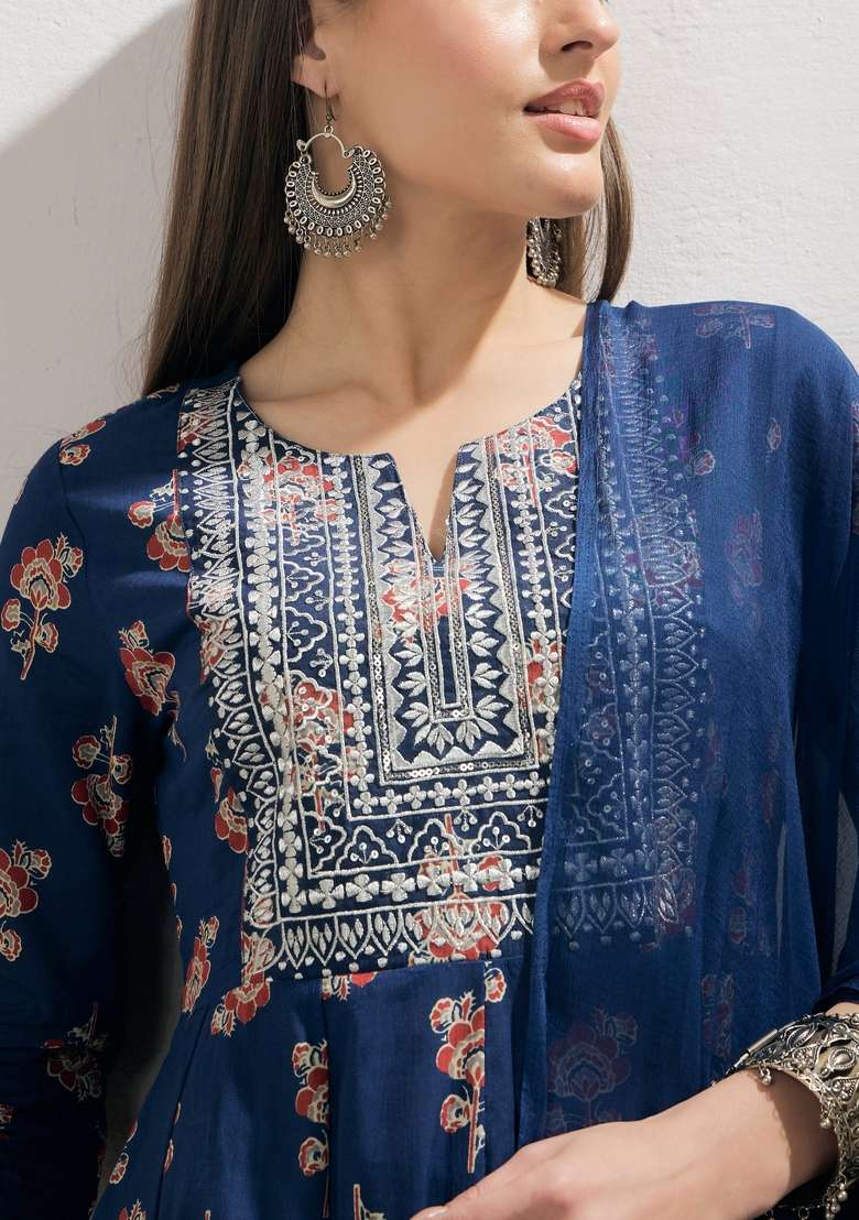 Navy Blue Embroidered Cotton Anarkali Set With Dupatta - Indya