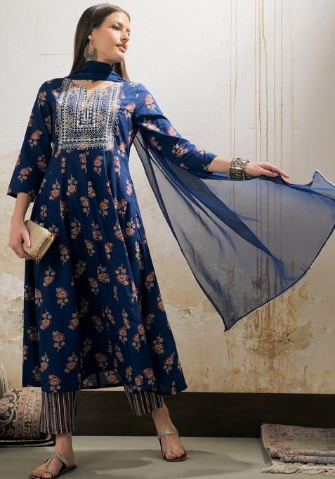 Navy Blue Embroidered Cotton Anarkali Set With Dupatta