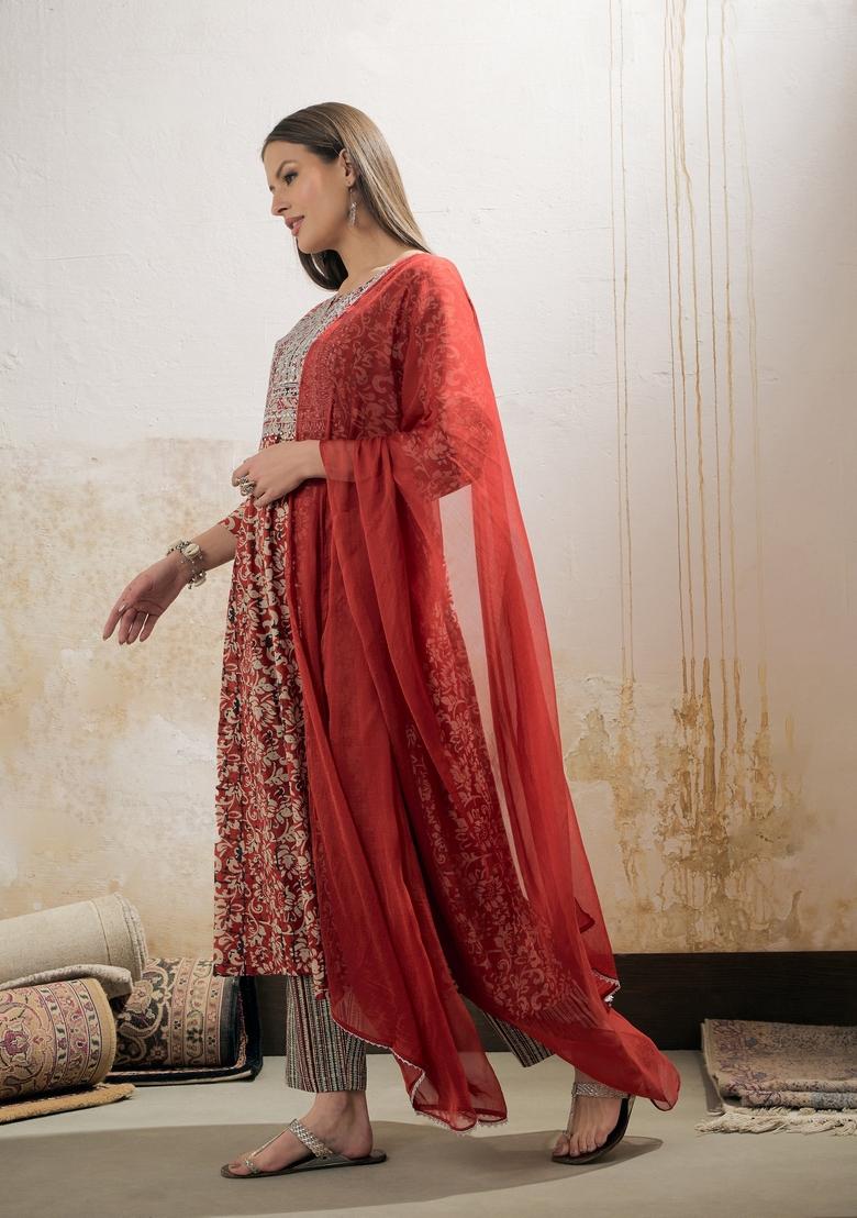 Maroon Embroidered Cotton Anarkali Set With Dupatta