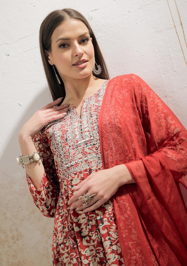 Maroon Embroidered Cotton Anarkali Set With Dupatta