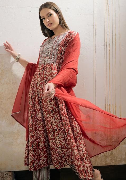 Maroon Embroidered Cotton Anarkali Set With Dupatta