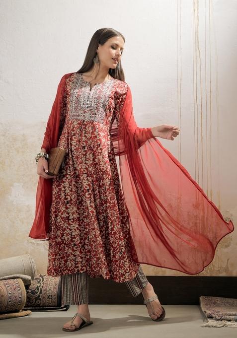 Maroon Embroidered Cotton Anarkali Set With Dupatta