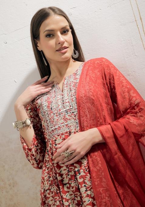 Maroon Embroidered Cotton Anarkali Set With Dupatta