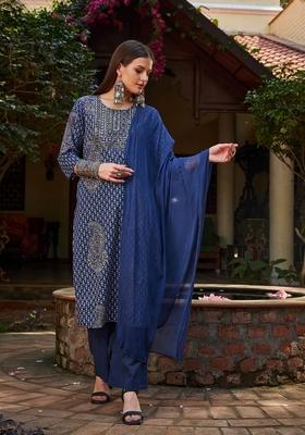 Navy Blue Embroidered Cotton Salwar Kameez With Dupatta