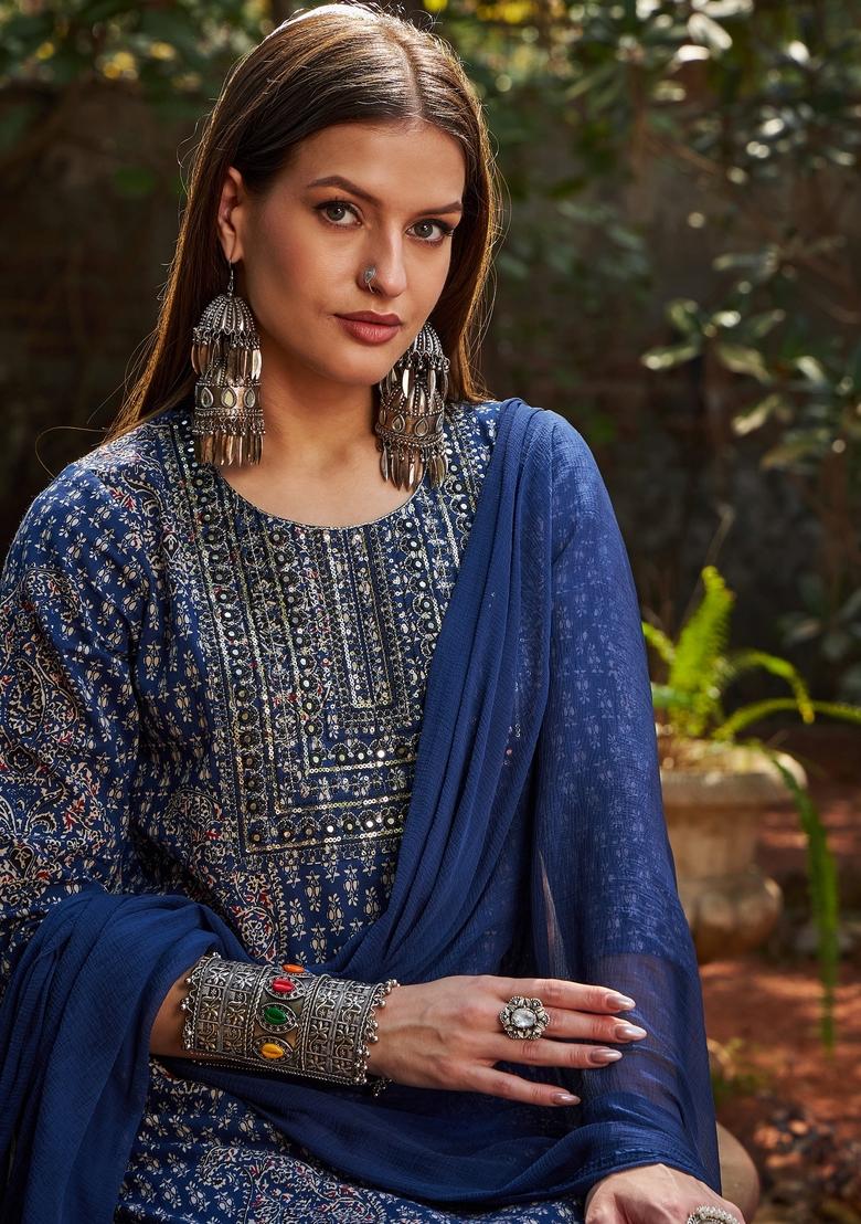Navy Blue Embroidered Cotton Salwar Kameez With Dupatta