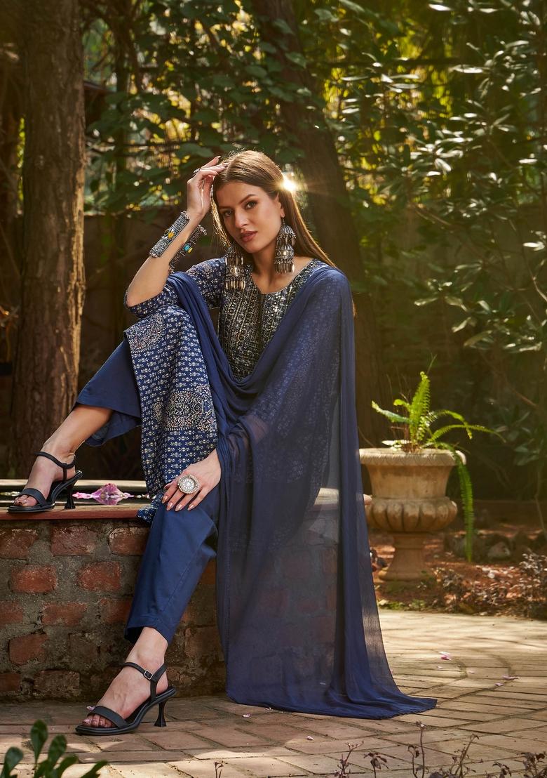 Navy Blue Embroidered Cotton Salwar Kameez With Dupatta