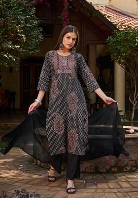 Black Printed Cotton Straight Kurta Set