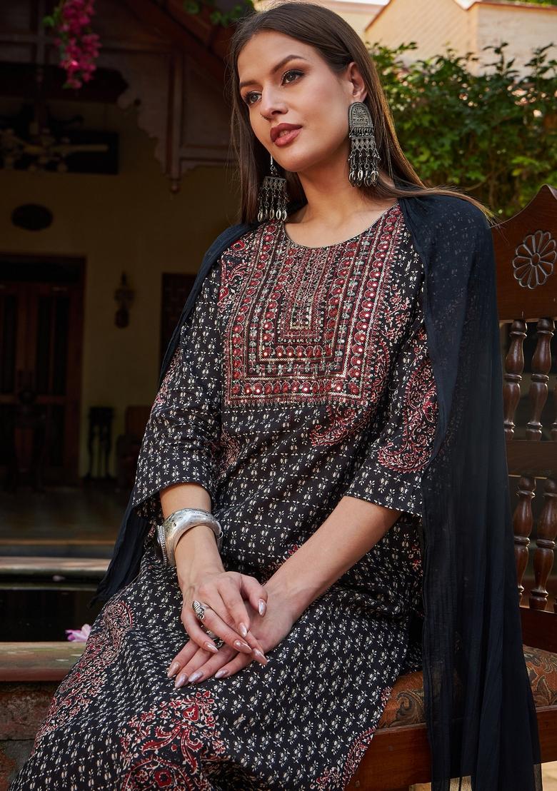 Black Embroidered Cotton Salwar Kameez With Dupatta