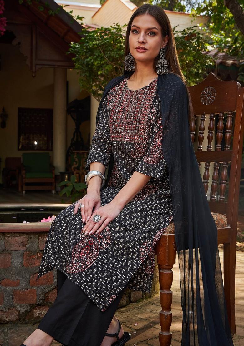 Black Embroidered Cotton Salwar Kameez With Dupatta
