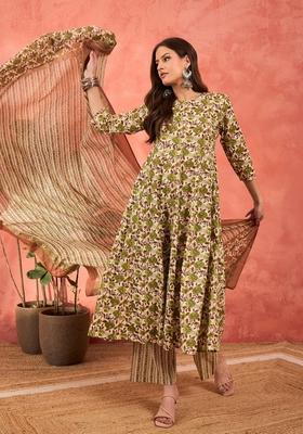 Off White Embroidered Cotton Anarkali Set With Dupatta