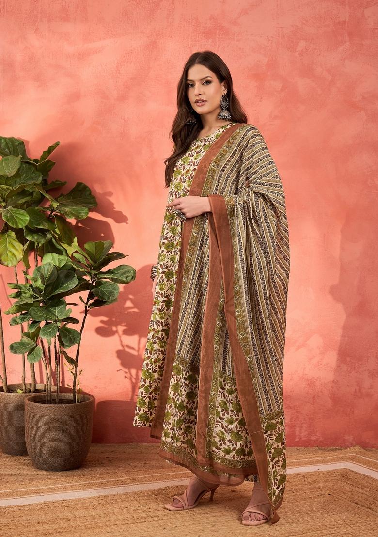 Off White Embroidered Cotton Anarkali Set With Dupatta