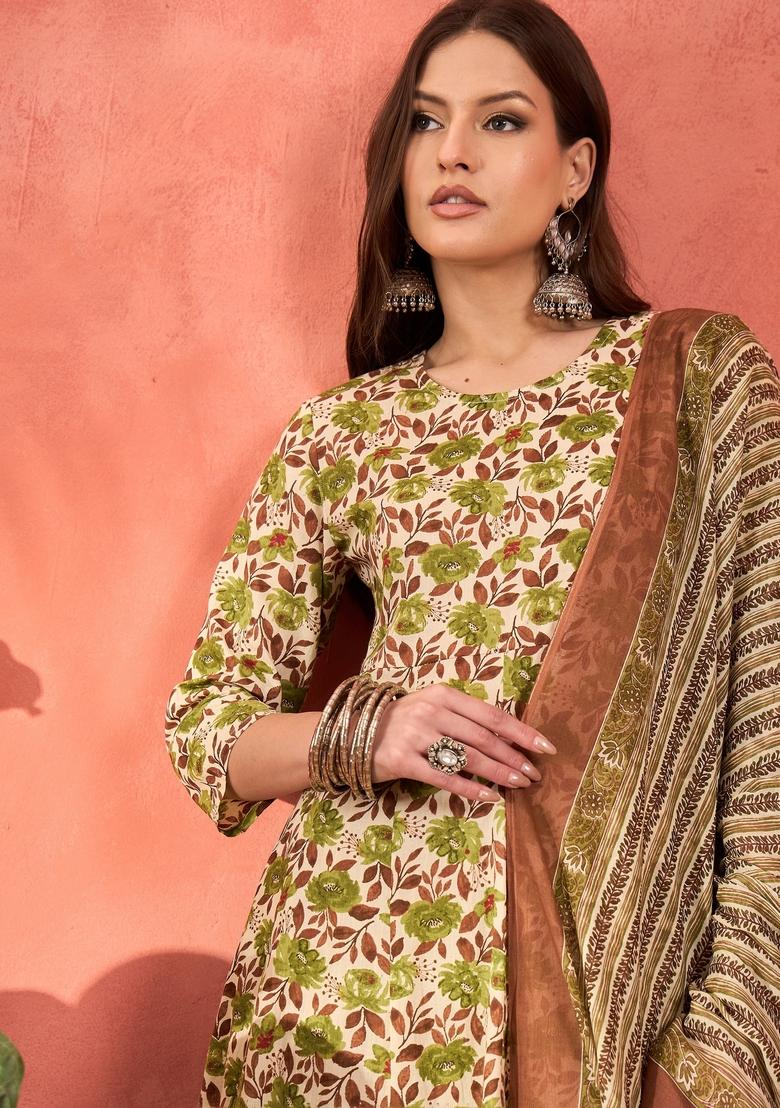 Off White Embroidered Cotton Anarkali Set With Dupatta