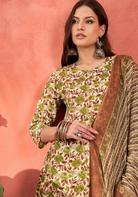 Off White Embroidered Cotton Anarkali Set With Dupatta