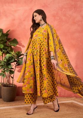 Yellow Embroidered Cotton Anarkali Set With Dupatta