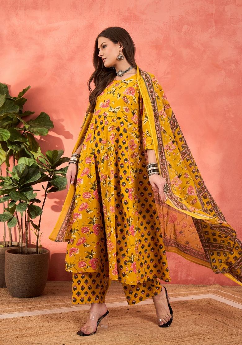 Yellow Embroidered Cotton Anarkali Set With Dupatta