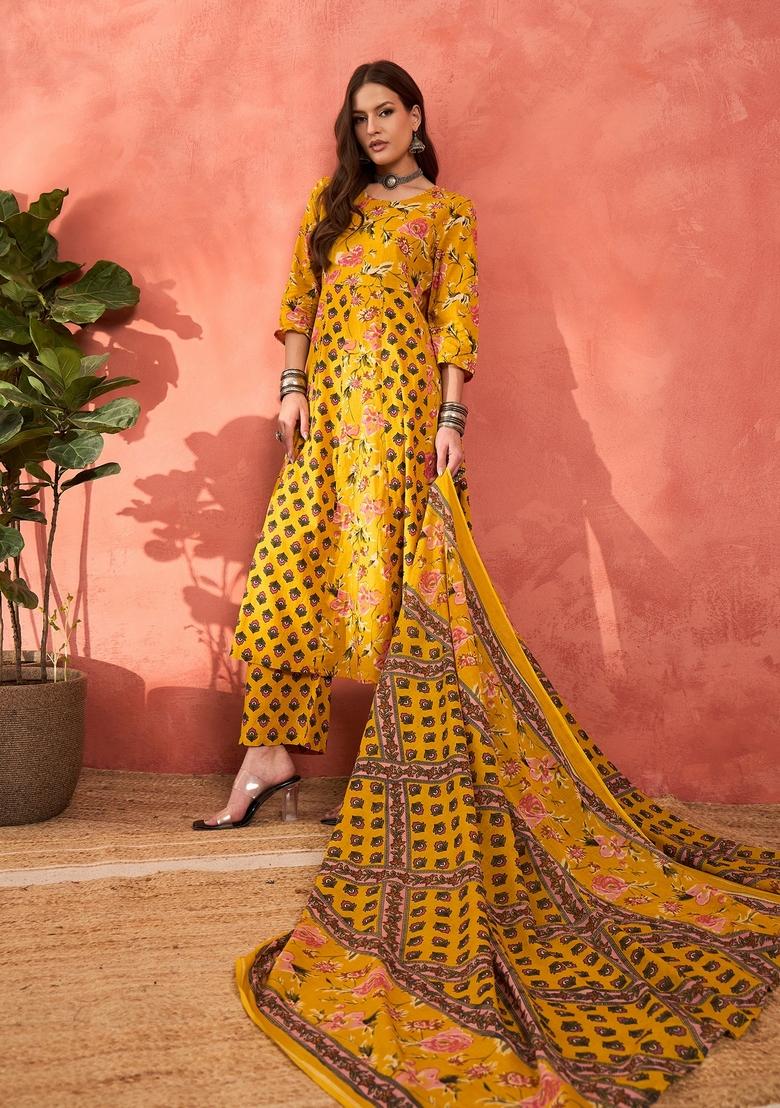 Yellow Embroidered Cotton Anarkali Set With Dupatta