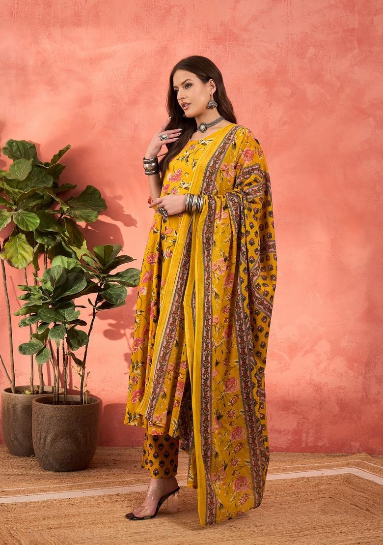 Yellow Embroidered Cotton Anarkali Set With Dupatta
