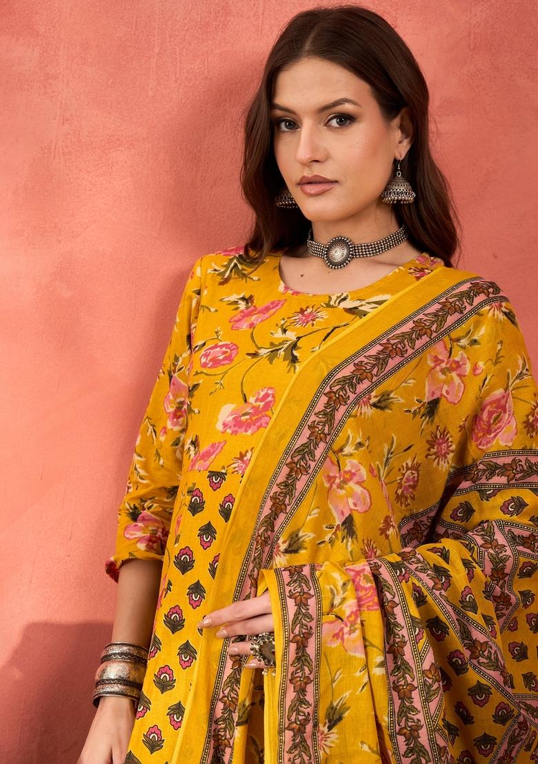 Yellow Embroidered Cotton Anarkali Set With Dupatta