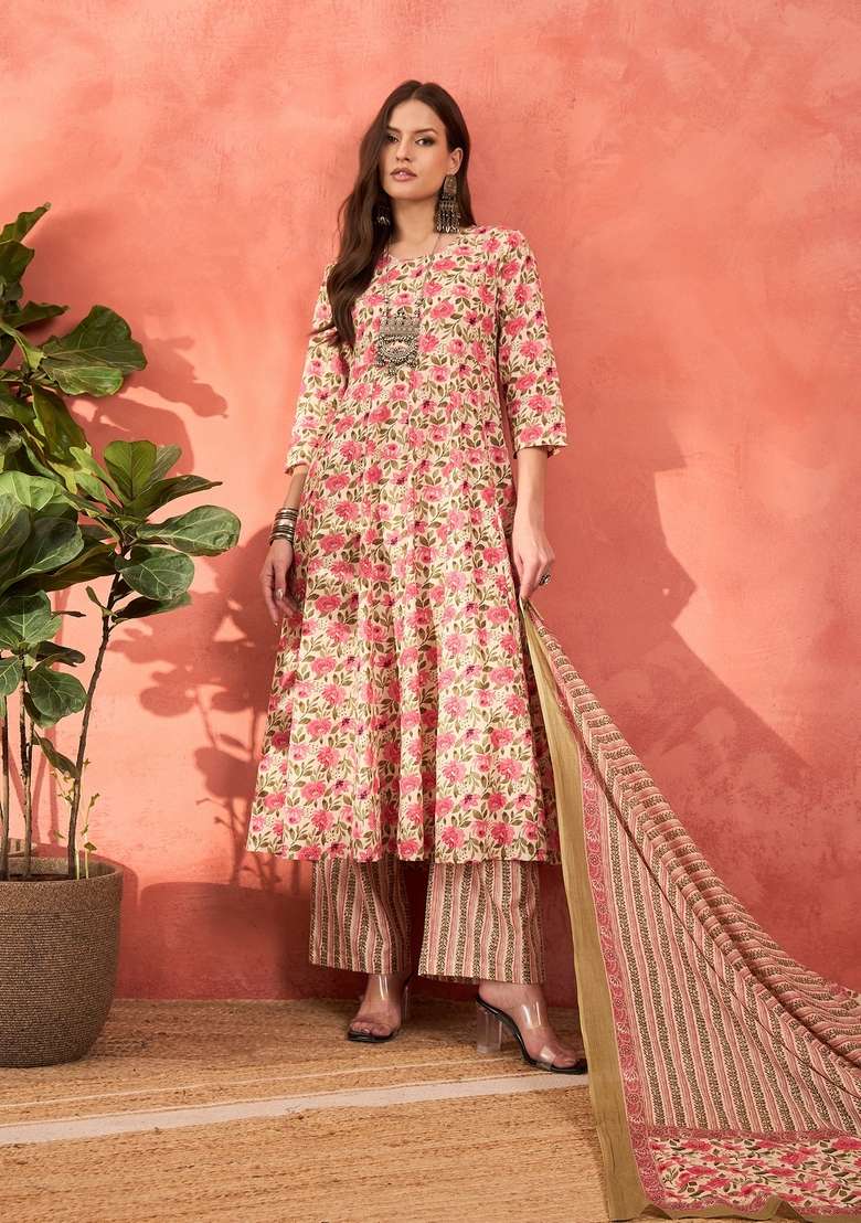 Off White Embroidered Cotton Anarkali With Dupatta With Dupatta - Indya