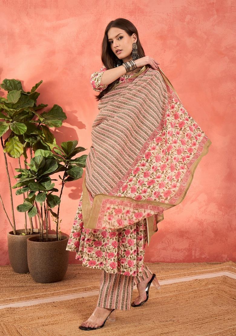 Off White Embroidered Cotton Anarkali Set With Dupatta