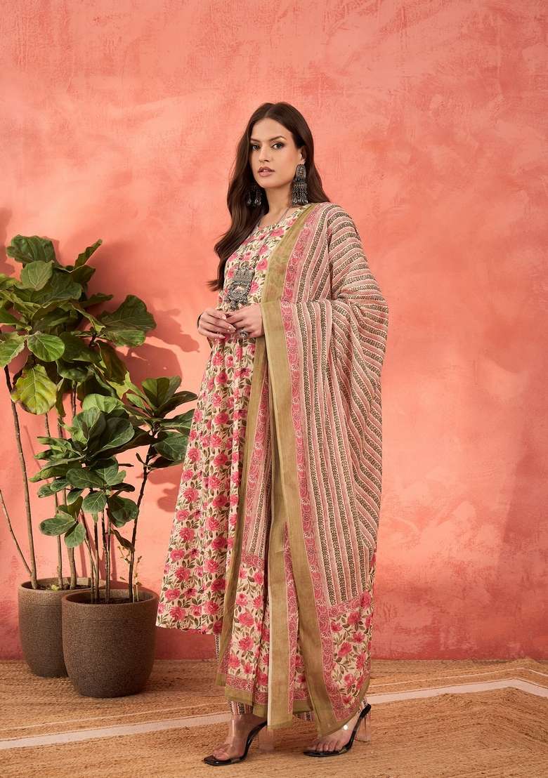 Off White Embroidered Cotton Anarkali With Dupatta With Dupatta - Indya