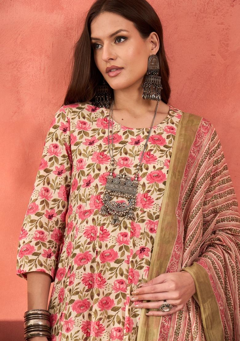 Off White Embroidered Cotton Anarkali Set With Dupatta