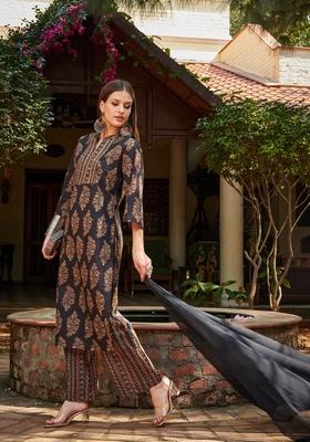 Black Embroidered Cotton Salwar Kameez With Dupatta